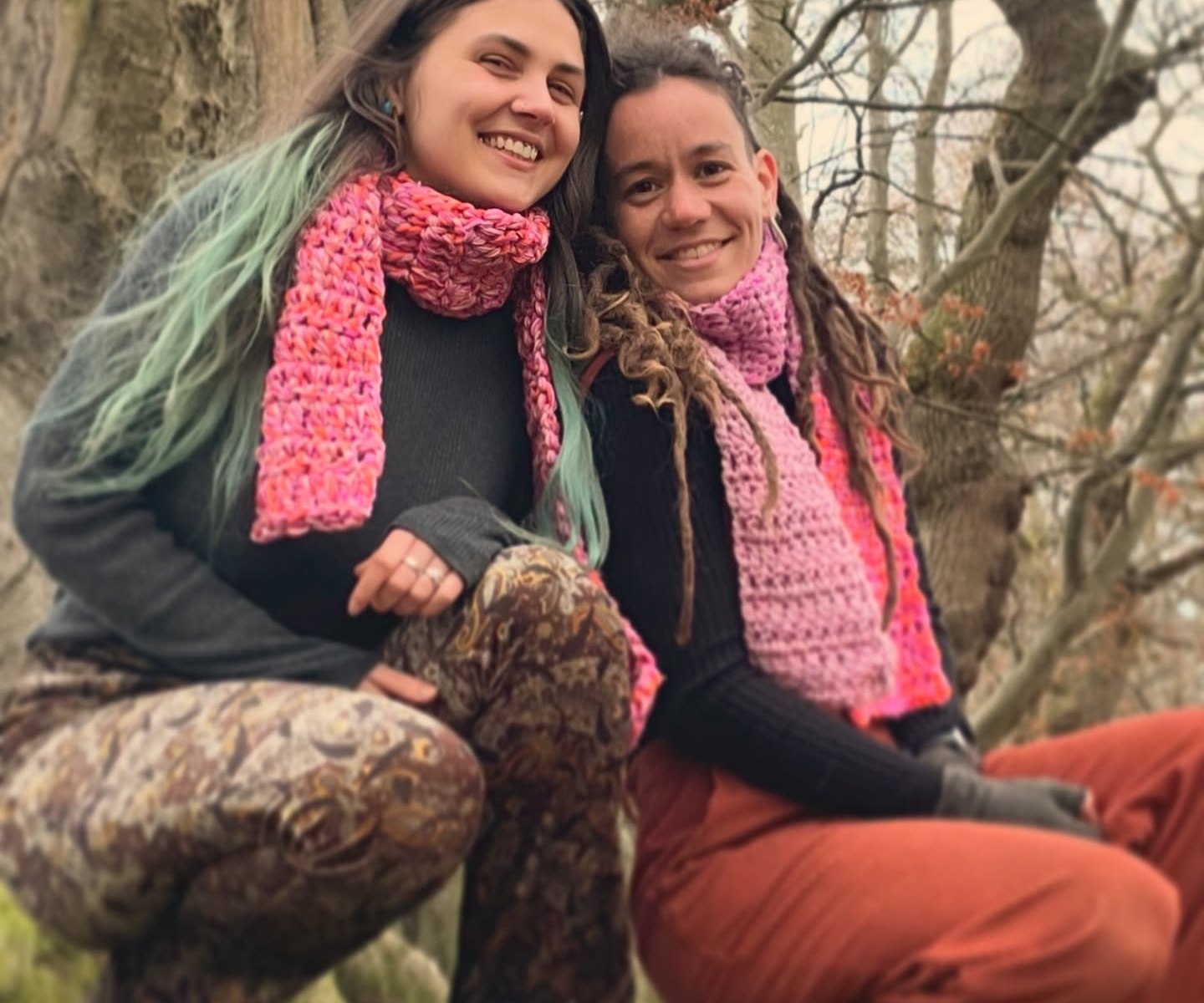 Aila Clark left and Laura Silverstone right wearing sunrise scarves